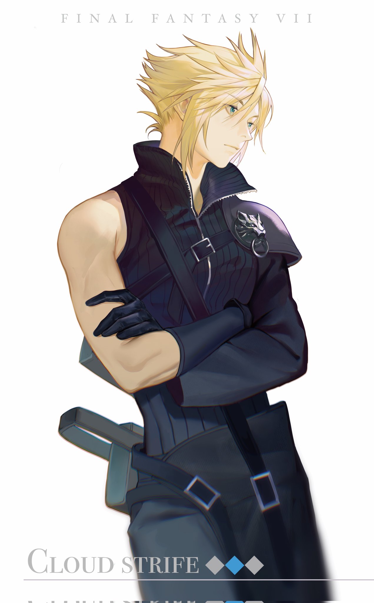 1boy, armor, asymmetrical_sleeves, black_gloves, blonde_hair, blue_eyes, buckle, cloud_strife