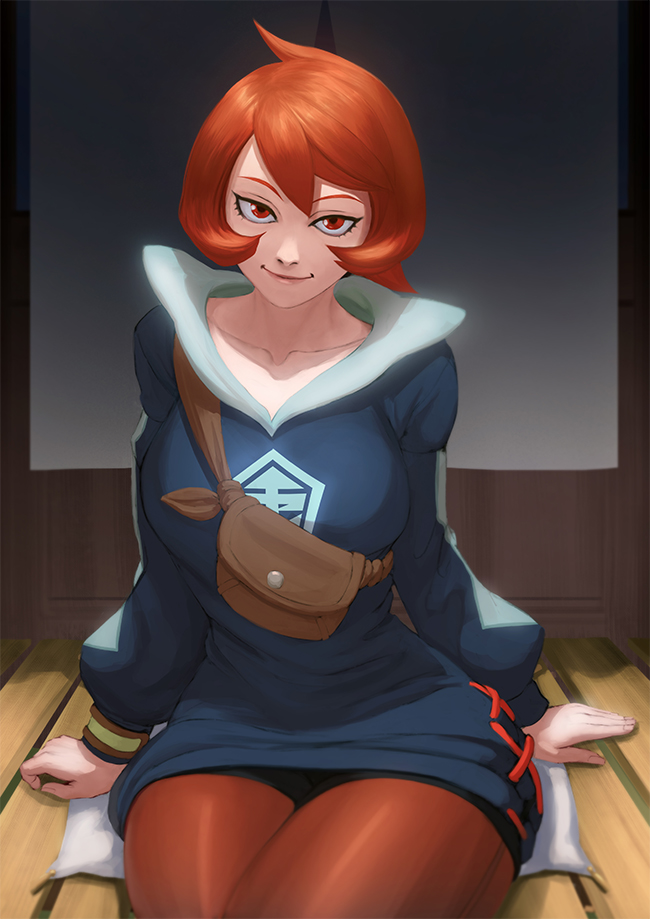 1girl, arezu_(pokemon), brown_bag, indoors, looking_at_viewer, pantyhose, pokemon, pokemon_(game), pokemon_legends:_arceus, red_eyes, redhead, short_hair, sitting, smile, smug, solo, thick_thighs, thighs, wide_hips, zetman92