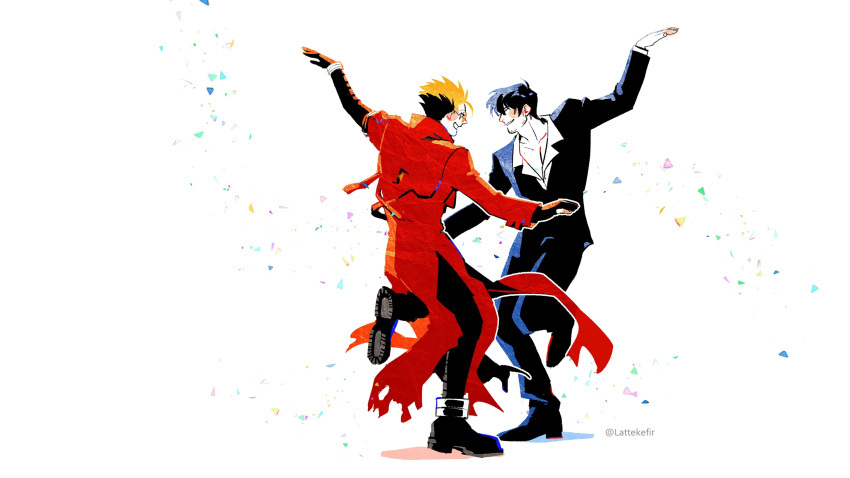 2boys, ^_^, absurdres, arm_up, beard_stubble, black_footwear, black_gloves, black_hair, black_jacket, black_pants, blonde_hair, closed_eyes, coat, collarbone, collared_shirt, dancing, facial_hair, full_body, glasses, gloves, highres, jacket, knee_up, lattekefir, long_coat, long_sleeves, male_focus, multicolored_hair, multiple_boys, nicholas_d._wolfwood, orange-tinted_eyewear, pants, partially_fingerless_gloves, pectoral_cleavage, pectorals, profile, red_coat, round_eyewear, shirt, shoes, skip_to_loafer, smile, tinted_eyewear, trigun, twitter_username, two-tone_hair, vash_the_stampede, white_background, white_shirt