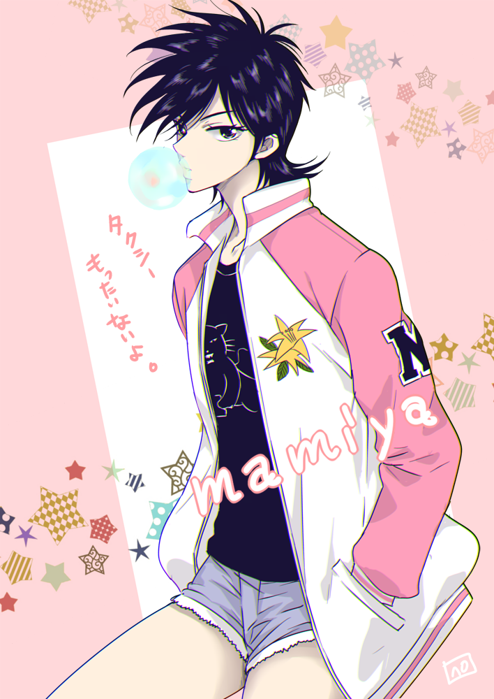 1girl, black_eyes, black_hair, black_shirt, blue_shorts, bubble_blowing, character_name, chewing_gum