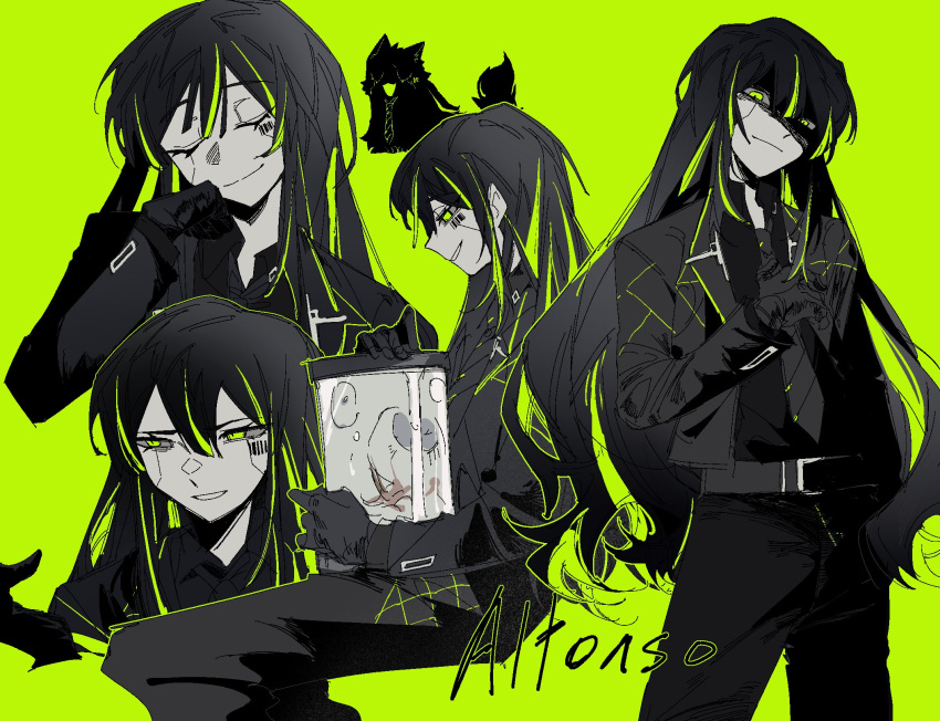 1girl, adjusting_clothes, adjusting_gloves, alfonso_(limbus_company), barcode, barcode_tattoo, black_gloves, black_hair