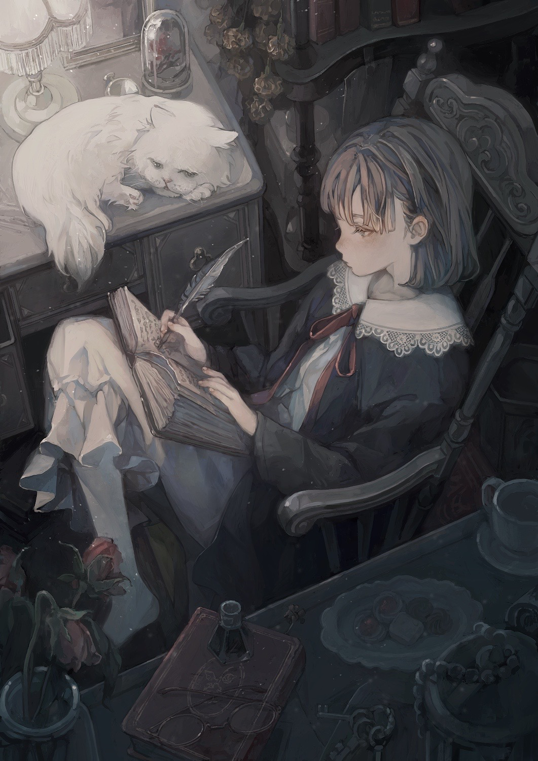 1girl, animal, black_jacket, blunt_bangs, bob_cut, book, book_on_lap, bookshelf, brown_eyes, brown_hair, capelet, cat, chair, colored_eyelashes, commentary, cookie, crossed_legs, cup, desk, drawer, dried_flower, expressionless, eyewear_removed, flask, flower, food, from_above, full_body, glasses, highres, holding, holding_quill, hotatenshi, indoors, jacket, key, keyring, lace-trimmed_capelet, lace_trim, lamp, long_sleeves, neck_ribbon, notebook, on_chair, open_book, original, pantyhose, plate, quill, red_flower, red_rose, ribbon, rose, rug, saucer, short_hair, sitting, skirt, solo, teacup, vase, white_capelet, white_cat, white_pantyhose, white_skirt, writing