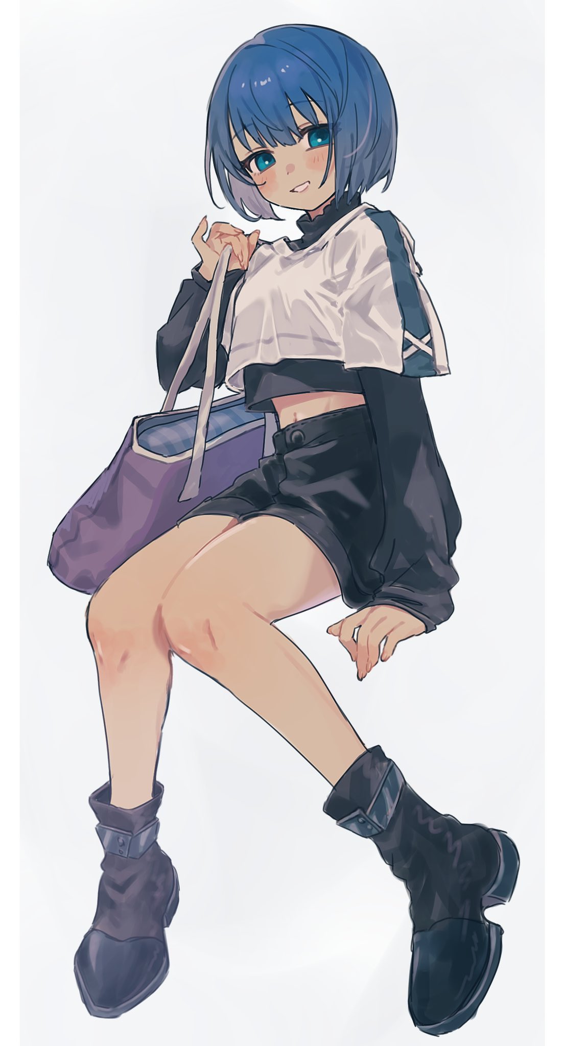 1girl, bag, black_footwear, black_shirt, black_shorts, blue_eyes, blue_hair, blush