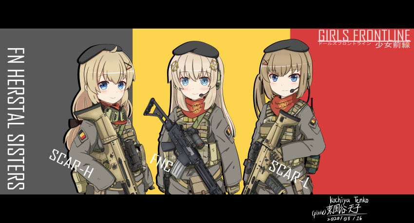 3girls, absurdres, ammunition_pouch, arm_at_side, artist_name, assault_rifle, bandana, battle_rifle