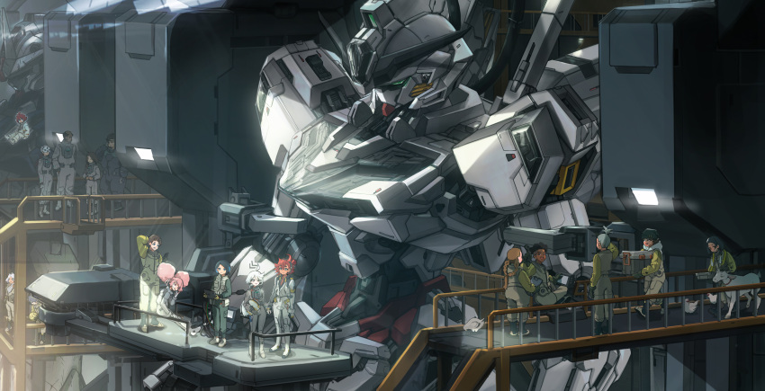 6+boys, 6+girls, absurdres, aliya_mahvash, belmeria_winston, bird, blue_hair, brown_hair, catwalk_(walkway), chicken, chuatury_panlunch, commentary_request, ericht_samaya, everyone, goat, godoy_(gundam), gundam, gundam_aerial_rebuild, gundam_calibarn, gundam_suisei_no_majo, hangar, highres, indoors, kenanji_avery, lilique_kadoka_lipati, long_hair, martin_upmont, mecha, miorine_rembran, mobile_suit, multiple_boys, multiple_girls, nika_nanaura, nuno_kargan, ojelo_gabel, pilot_suit, pink_hair, prospera_mercury, redhead, robot, rouji_chante, science_fiction, secelia_dote, short_hair, spacesuit, standing, suletta_mercury, till_nys, v-fin, veerinly, white_hair