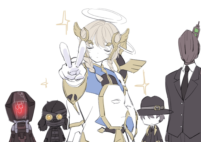 1girl, 4boys, absurdres, baral_(library_of_ruina), black_fixer_(lobotomy_corporation), black_jacket, black_necktie, braid, brown_hair, closed_eyes, closed_mouth, collared_shirt, facing_viewer, gloves, halo, head_wings, highres, jacket, lobotomy_corporation, long_sleeves, multiple_boys, necktie, pale_fixer_(lobotomy_corporation), ppanglatte, project_moon, red_fixer_(lobotomy_corporation), shirt, simple_background, sparkle, twin_braids, upper_body, v, white_armor, white_background, white_fixer_(lobotomy_corporation), white_gloves, white_shirt, wing_collar, wings
