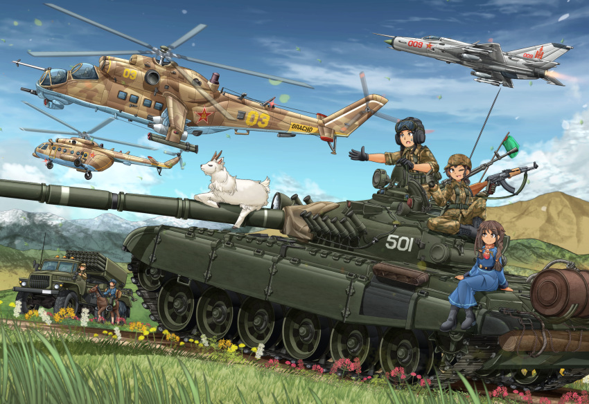 1boy, 2girls, aircraft, airplane, akm, ascot, assault_rifle, black_footwear
