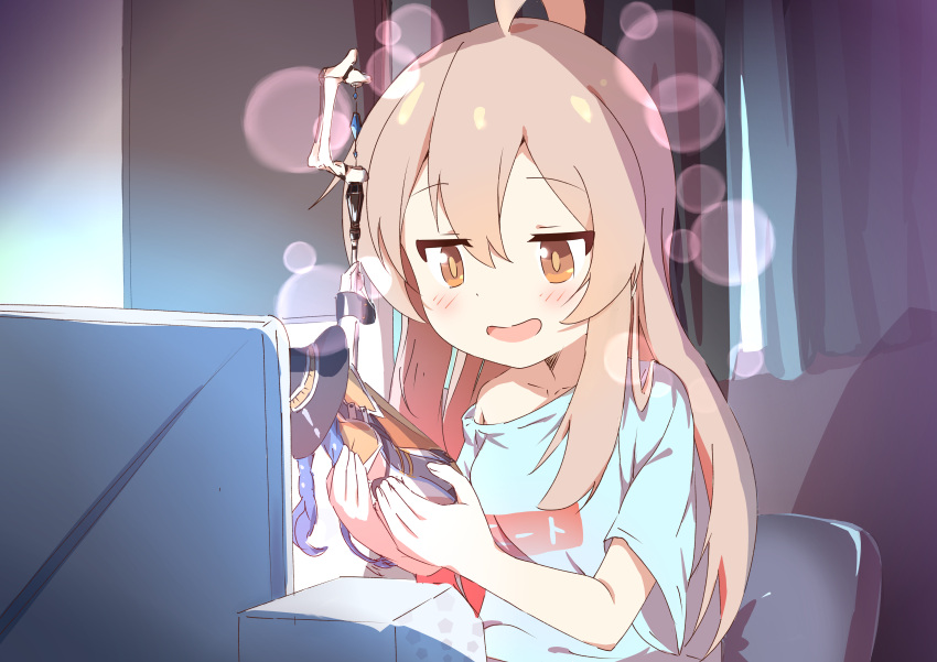 1girl, :d, absurdres, ahoge, bare_arms, blonde_hair, blue_hair, blue_shirt