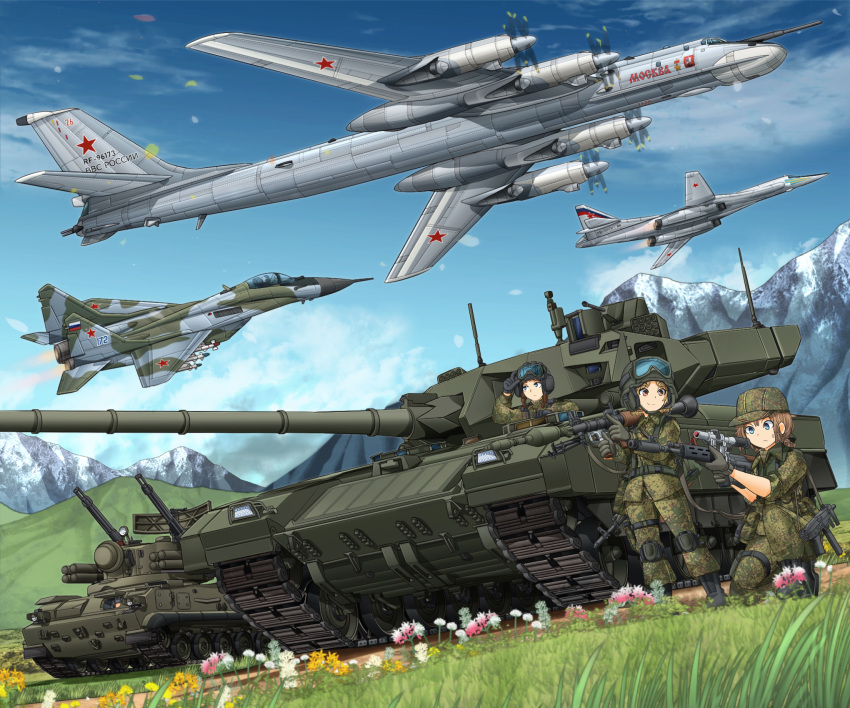 2k22_tunguska, 2others, 3girls, adjusting_goggles, aircraft, airplane, anti-aircraft, anti-aircraft_gun, assault_rifle, black_gloves, black_headwear, blonde_hair, blue_eyes, blue_sky, bomber, brown_eyes, brown_hair, bullpup, camouflage, camouflage_headwear, camouflage_jacket, camouflage_pants, carrying, closed_mouth, clouds, cloudy_sky, commentary_request, cyrillic, day, dragunov_svu, dutch_angle, emr_camouflage, fighter_jet, flower, frown, gloves, goggles, goggles_on_headwear, grass, green_headwear, green_jacket, green_pants, grey_gloves, grey_headwear, gun, harness, helmet, highres, holding, holding_gun, holding_weapon, jacket, jet, knee_pads, long_sleeves, looking_at_another, medium_hair, mig-29, mikeran_(mikelan), military, military_vehicle, motion_blur, motor_vehicle, mountain, multiple_girls, multiple_others, on_one_knee, original, outdoors, pants, patrol_cap, pointing, pp-91_kedr, revision, rifle, rocket_launcher, roundel, rpg, rpg-7, russia, russian_army, russian_text, scope, short_hair, short_ponytail, sky, sleeves_rolled_up, smile, sniper_rifle, standing, star_(symbol), submachine_gun, suppressor, sweatdrop, t-14_armata, tank, tank_helmet, thigh_strap, tu-160, tu-95, vehicle_focus, weapon