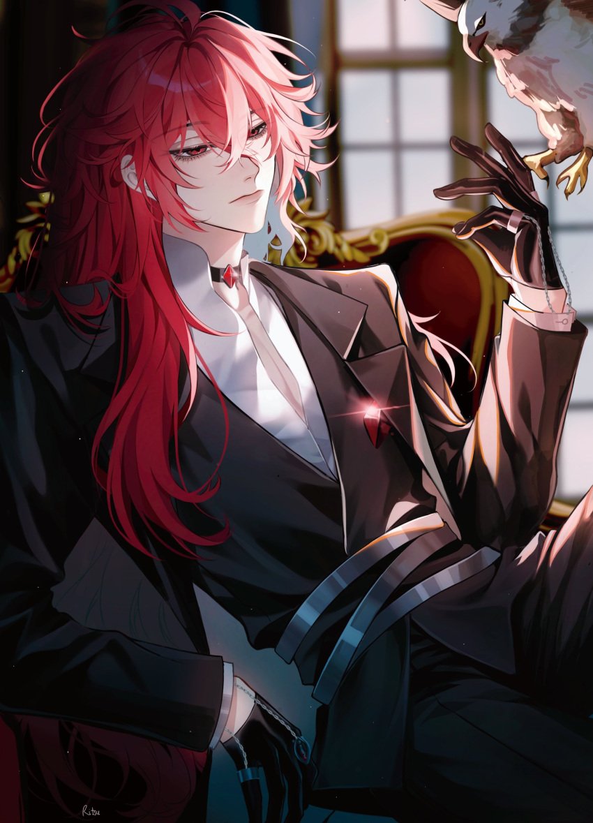 1boy, bird, bird_on_hand, black_choker, black_pants, black_suit, choker, diluc_(genshin_impact), eagle, genshin_impact, highres, long_hair, male_focus, pants, red_eyes, redhead, ritsu_0409, shirt, sitting, solo, suit, throne, white_shirt, window