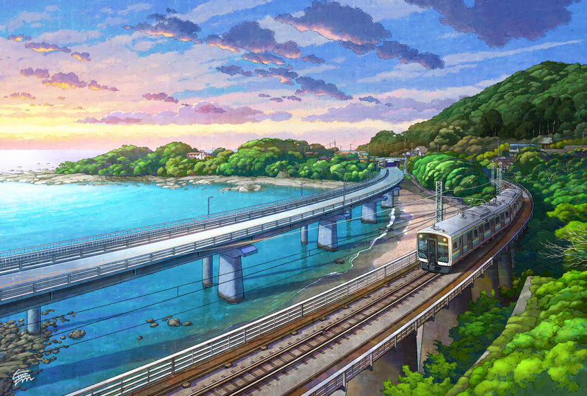 bridge, clouds, commentary_request, east_japan_railway_company, kamogawa_(chiba), lamppost, mountain, mugumo_24k