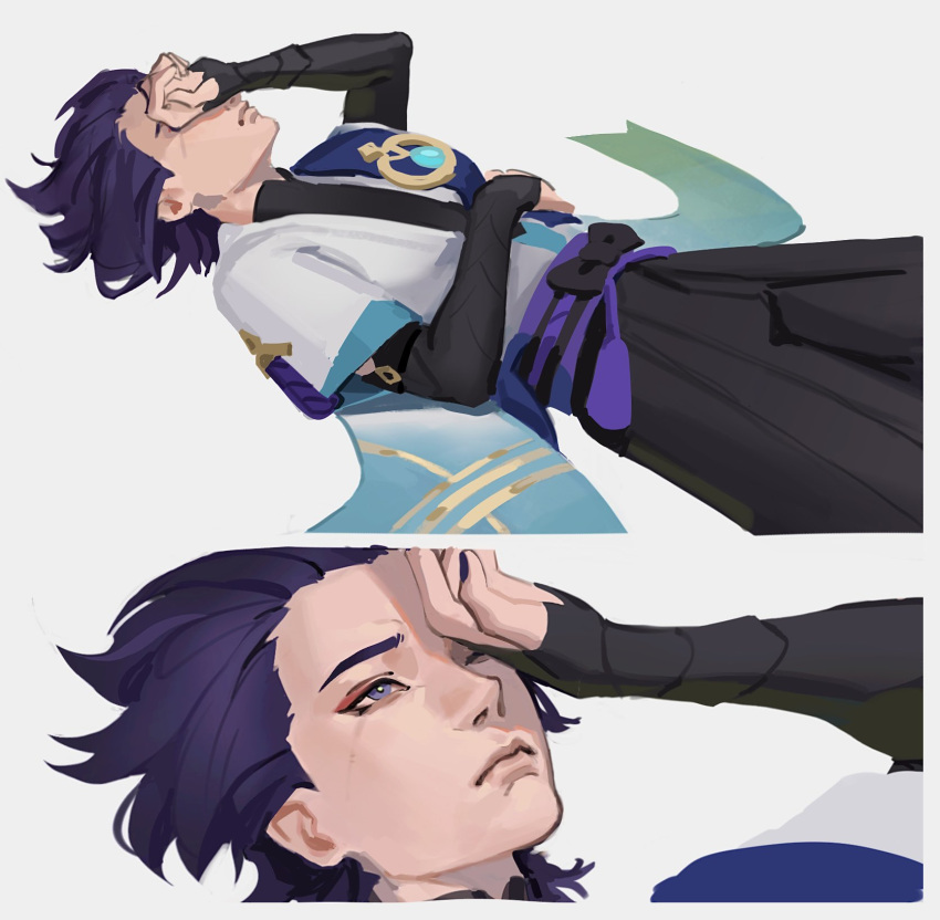 1boy, bishounen, blue_hair, cowboy_shot, crying, genshin_impact, hand_on_own_face, hand_up