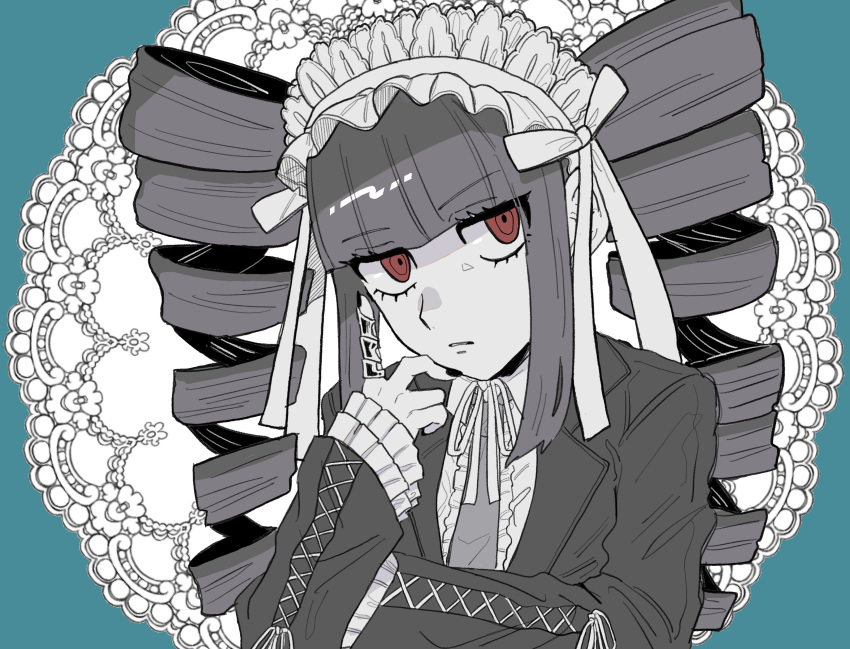 1girl, absurdres, black_hair, black_nails, blunt_bangs, bonnet, celestia_ludenberg, center_frills, claw_ring, danganronpa:_trigger_happy_havoc, danganronpa_(series), drill_hair, frilled_shirt, frills, gothic_lolita, green_background, grey_necktie, highres, index_finger_raised, jacket, lolita_fashion, long_hair, long_sleeves, looking_at_viewer, muro_(nrvc5252), nail_polish, necktie, red_eyes, shirt, solo, twin_drills, twintails, white_background