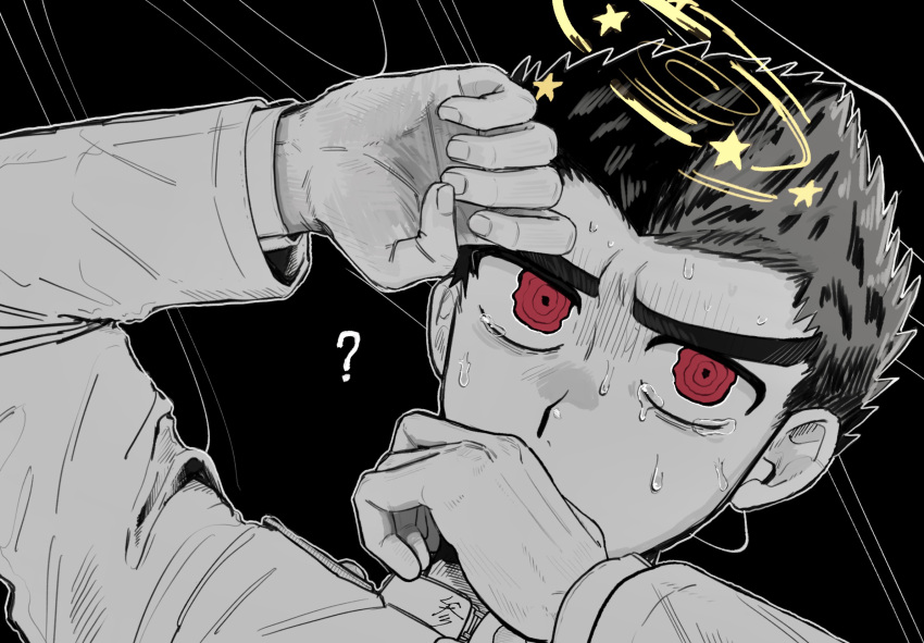 1boy, ?, black_background, black_hair, covered_mouth, danganronpa:_trigger_happy_havoc, danganronpa_(series), gakuran