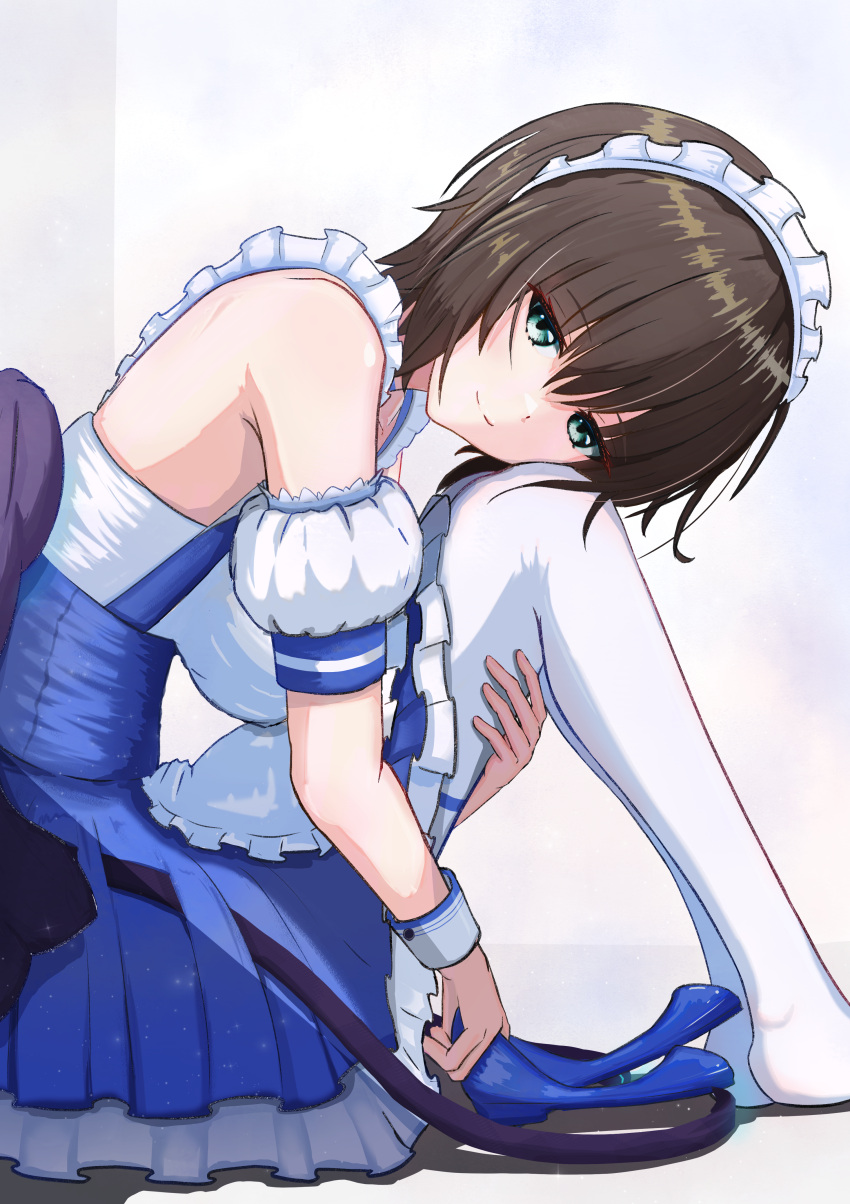 1girl, absurdres, aoi_erika, apron, blue_eyes, blue_footwear, breasts, heaven_burns_red