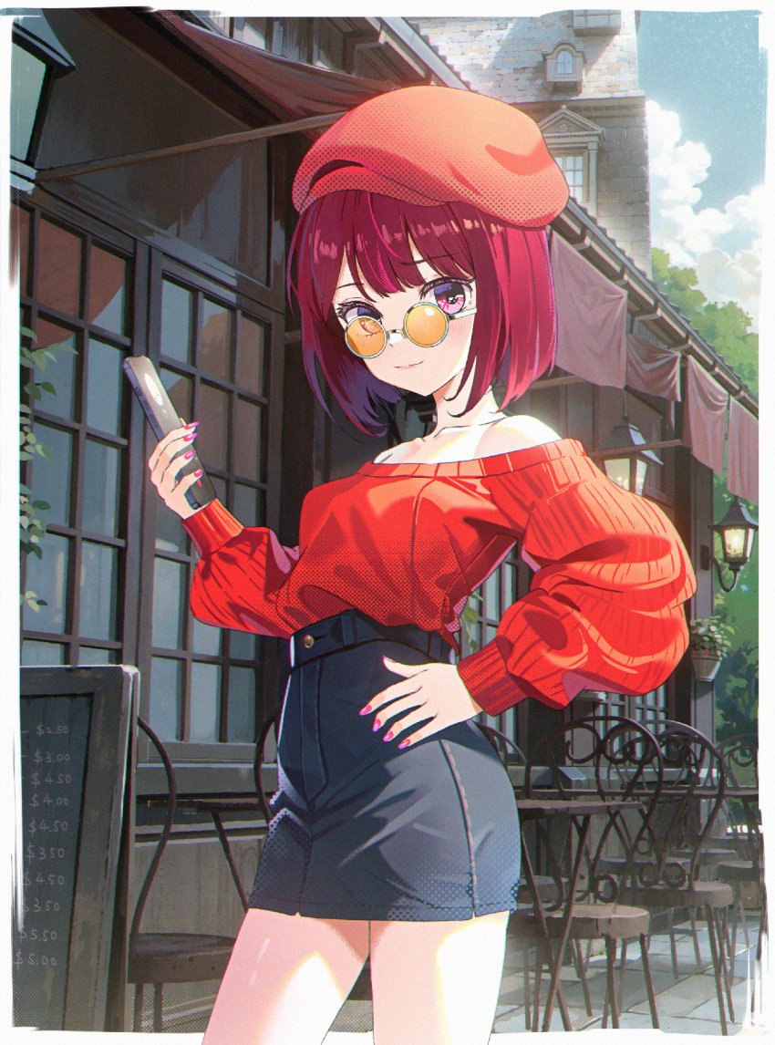 1girl, alternate_costume, arima_kana, bare_shoulders, beret, black_skirt, blue_sky, border