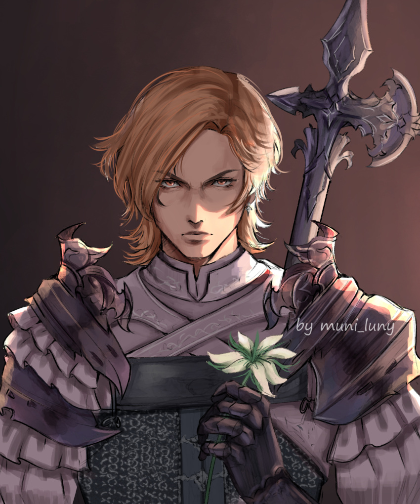 1boy, armor, bladed_lance, blonde_hair, brown_background, closed_mouth, dion_lesage, doodleing_time
