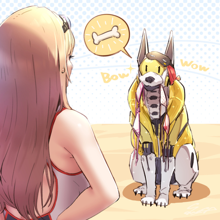 1girl, 1other, bare_shoulders, beach, bikini, bolt_(nikke), clothes_in_mouth, competition_swimsuit