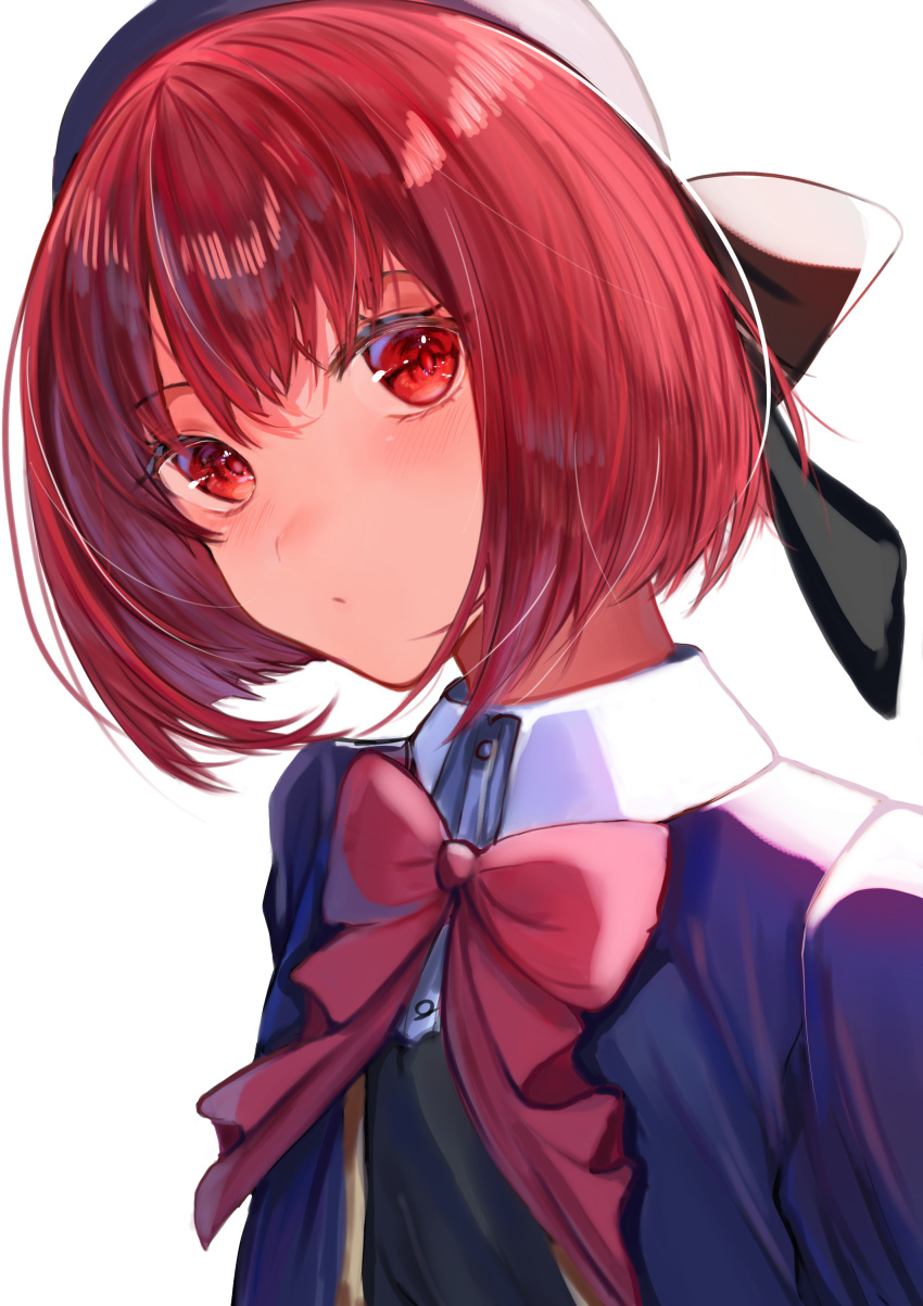 1girl, absurdres, arima_kana, beret, black_bow, black_vest, blue_headwear, blue_jacket, blush, bob_cut, bow, bowtie, closed_mouth, collared_shirt, commentary, dora_(jcyw8334), dress_shirt, hair_between_eyes, hat, hat_bow, highres, inverted_bob, jacket, looking_at_viewer, medium_hair, open_clothes, open_jacket, oshi_no_ko, pink_bow, pink_bowtie, red_eyes, redhead, school_uniform, shadow, shirt, simple_background, solo, upper_body, vest, white_background, white_shirt, youtou_high_school_uniform