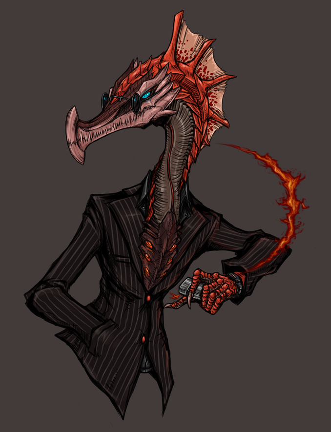 fire, formal, glasses, lighter, monster_hunter, name_characters, solo, suit