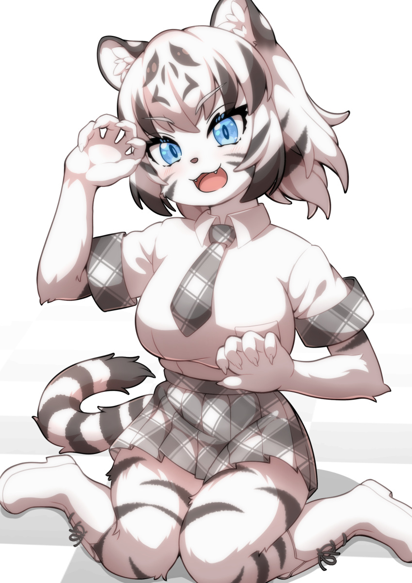 1girl, absurdres, animal_ears, animal_nose, arm_up, black_fur, black_hair, blue_eyes, body_fur, boots, breast_pocket, brown_hair, claw_pose, claws, collared_shirt, colored_inner_hair, ev_(kemomimizuku), fangs, full_body, furrification, furry, furry_female, hand_up, head_tilt, highres, kemono_friends, looking_at_viewer, medium_hair, miniskirt, multicolored_fur, multicolored_hair, necktie, open_mouth, plaid, plaid_necktie, plaid_skirt, plaid_sleeves, plaid_trim, pleated_skirt, pocket, shirt, short_sleeves, sitting, skirt, smile, snout, solo, striped_tail, tail, tiger_ears, tiger_girl, tiger_tail, two-tone_fur, wariza, white_footwear, white_fur, white_hair, white_shirt, white_tiger_(kemono_friends), wing_collar