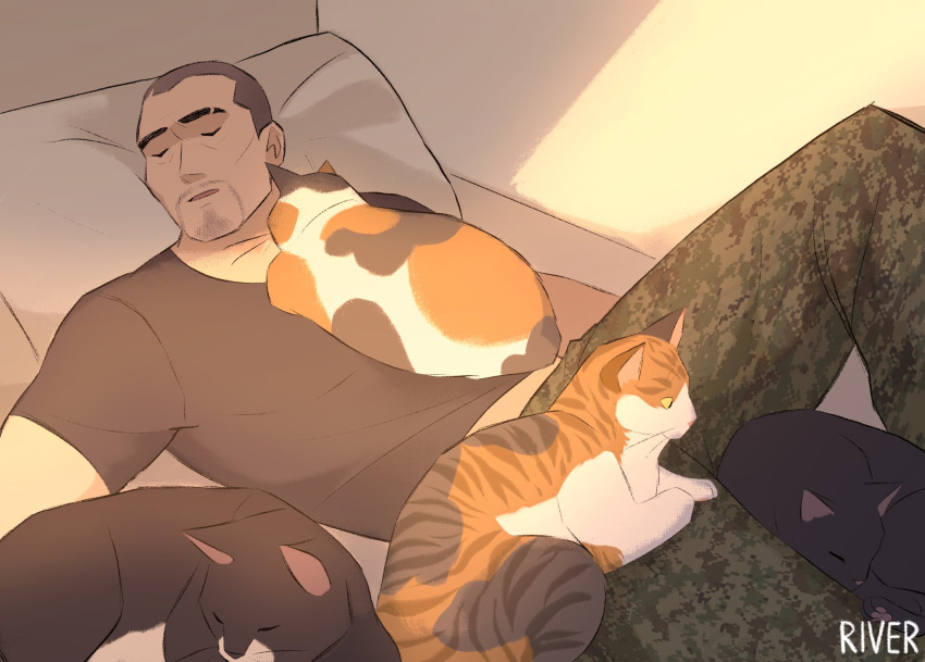 1boy, animal_on_lap, artist_name, black_hair, black_shirt, camouflage, camouflage_pants, cat, cat_on_ass, cat_on_lap, cat_on_person, closed_eyes, eyebrow_cut, facial_hair, highres, hirivvy, indoors, lying, male_focus, multiple_cats, on_back, on_bed, on_lap, open_mouth, pants, ryuu_ga_gotoku_(series), saejima_taiga, shaved_head, shirt, short_hair, sleeping, very_short_hair