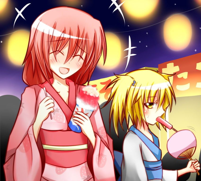 blonde_hair, fan, festival, japanese_clothes, kitashirakawa_chiyuri, nosada, okazaki_yumemi, redhead