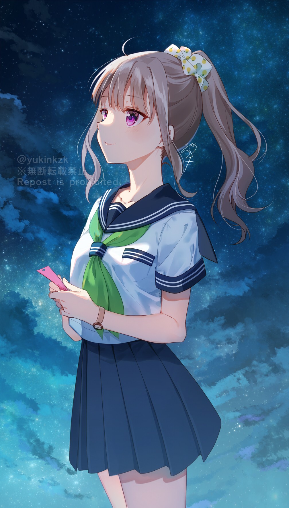 1girl, ahoge, blue_sailor_collar, blue_skirt, brown_hair, closed_mouth, clouds, cloudy_sky, commentary_request, green_neckerchief, hair_ornament, hair_scrunchie, highres, holding, long_hair, neckerchief, nekozuki_yuki, night, night_sky, original, outdoors, pleated_skirt, ponytail, qixi_festival, sailor_collar, school_uniform, scrunchie, serafuku, shirt, short_sleeves, skirt, sky, smile, solo, standing, star_(sky), starry_sky, tanabata, twitter_username, violet_eyes, watch, watch, watermark, white_scrunchie, white_shirt