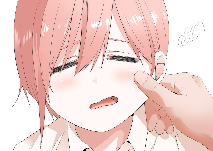 1girl, =_=, blush, cheek_pull, close-up, closed_eyes, collared_shirt, commentary, eyebrows_hidden_by_hair, go-toubun_no_hanayome, hair_between_eyes, highres, lips, mame1645, nakano_ichika, open_mouth, pink_hair, pov, pov_hands, shirt, short_hair, simple_background, sleepy, solo_focus, squiggle, white_background, white_shirt