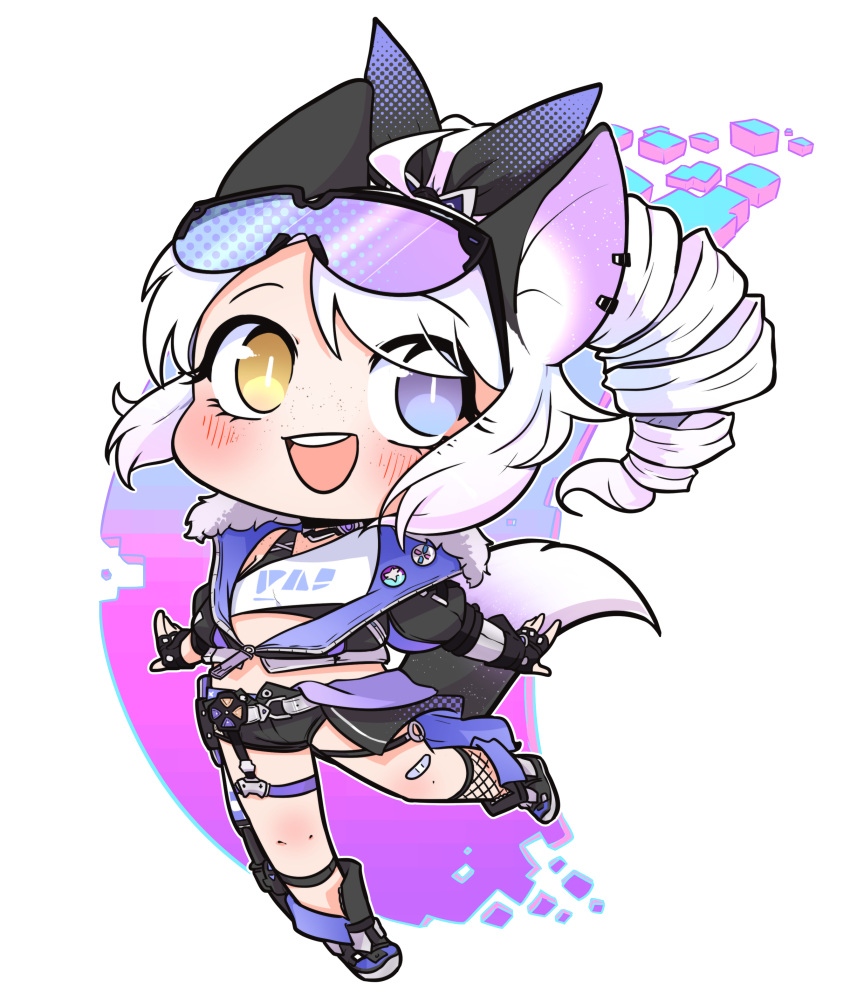 1girl, ahoge, asymmetrical_armwear, asymmetrical_legwear, bandage, bandaid, bandaid_on_knee, belt, blue_eyes, blush, boots, chibi, choker, cosplay, crop_top, cropped_jacket, drill_hair, fingerless_gloves, fishnets, fox_ears, fox_tail, freckles, fur-trimmed_jacket, garter_straps, gloves, hair_bow, hair_ribbon, happy, heterochromia, honkai:_star_rail, honkai_(series), indie_virtual_youtuber, jacket, kitsunemimi, long_hair, midriff, momotan, mrcircuspapa, open_mouth, original, original_character, pink_eyes, pins, ponytail, short_shorts, shorts, silver_wolf_(honkai:_star_rail)_(cosplay), slit_pupils, solo, tail, tank_top, violet_eyes, white_hair, white_pupils, yellow_eyes