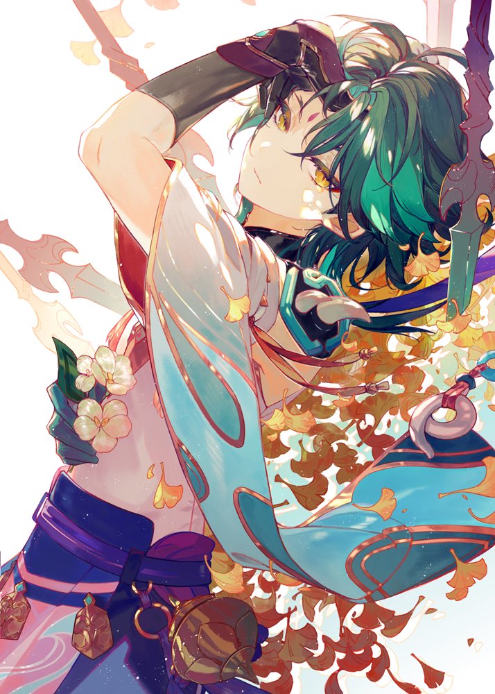 1boy, black_hair, chinese_clothes, closed_mouth, cyami316, facial_mark, flower, forehead_mark