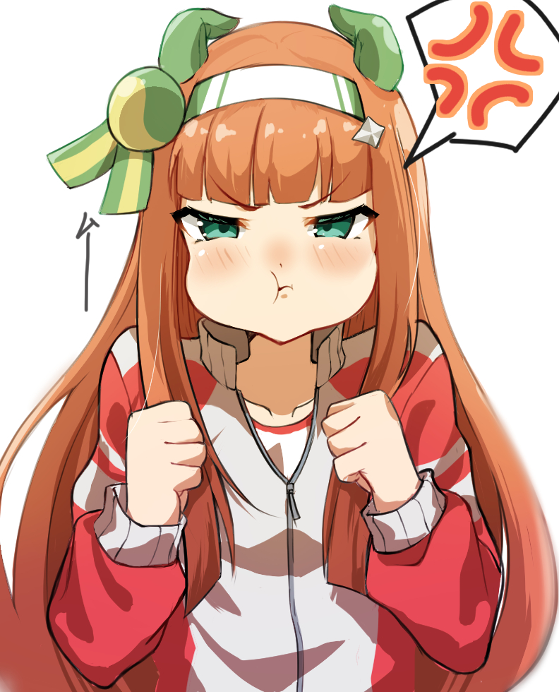 1girl, animal_ears, blunt_bangs, blush, collarbone, commentary, ear_covers, ears_back