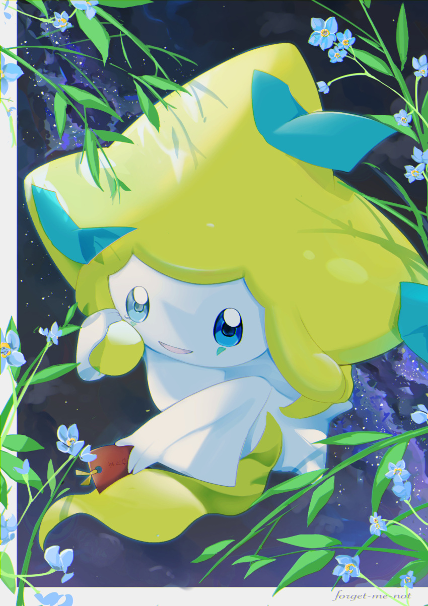 blue_eyes, blue_flower, border, commentary_request, flower, highres, holding, jirachi