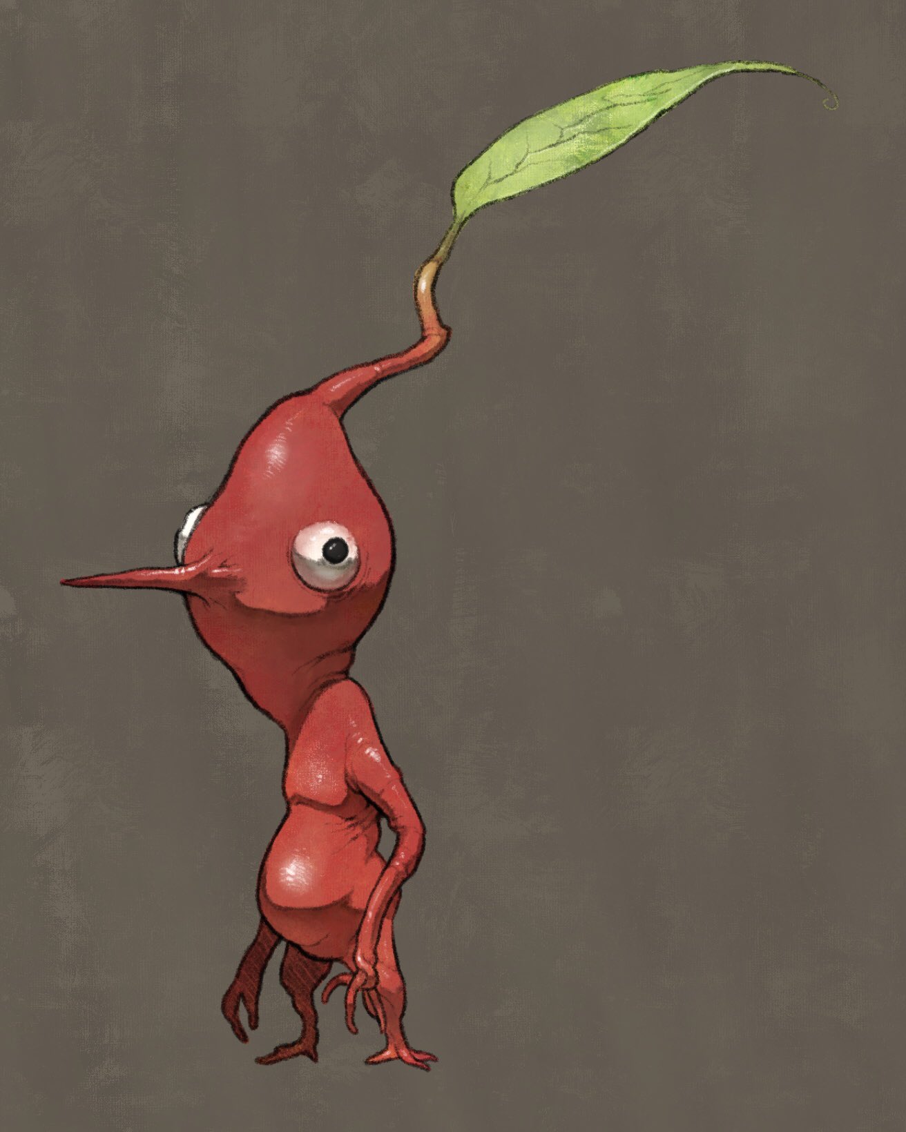 black_eyes, bulging_eyes, colored_skin, creature, full_body, grey_background, highres, leaf, long_nose, nao70shark1, no_humans, pikmin_(creature), pikmin_(series), plant, pointy_nose, red_pikmin, red_skin, simple_background, solid_circle_eyes, solo