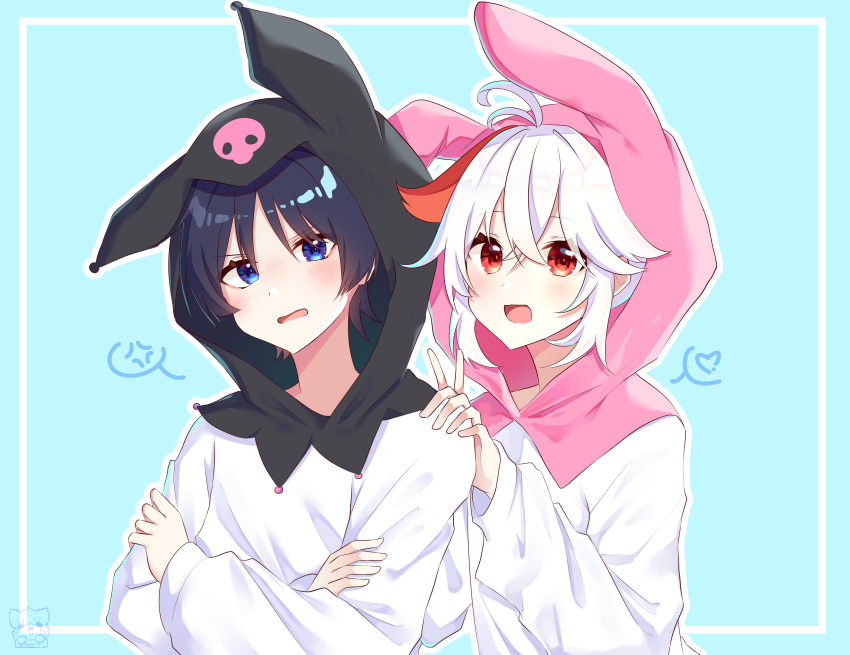 2boys, absurdres, alternate_costume, animal_hood, black_hair, black_hood, blue_eyes, child