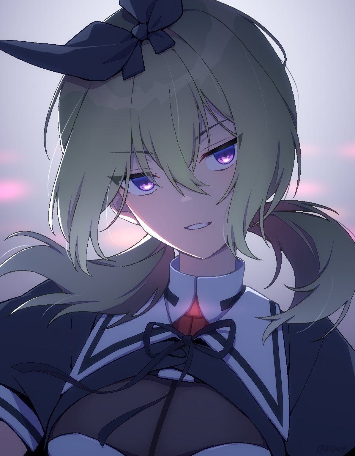 1113syp, 1girl, arms_at_sides, arms_up, assault_lily, black_bow, black_ribbon, bow