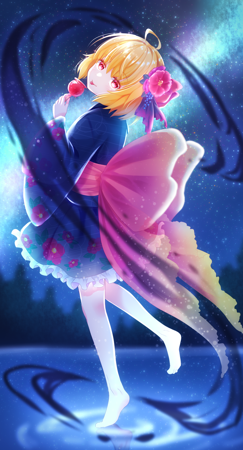 1girl, ahoge, barefoot, black_kimono, blonde_hair, candy_apple, closed_mouth, darkness