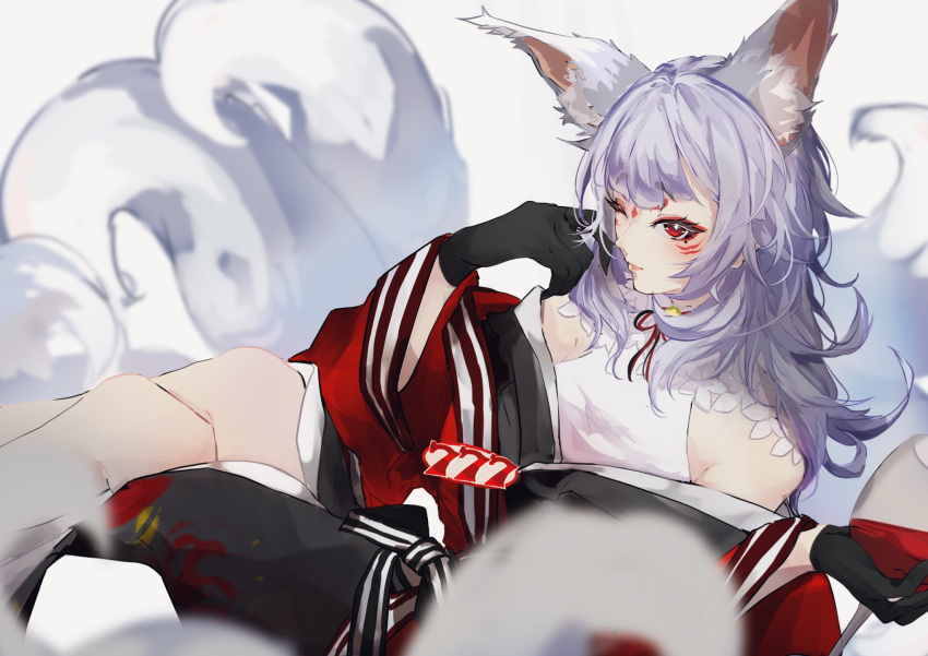1girl, alcohol, animal_ear_fluff, animal_ears, black_gloves, black_kimono, crossed_legs, cup
