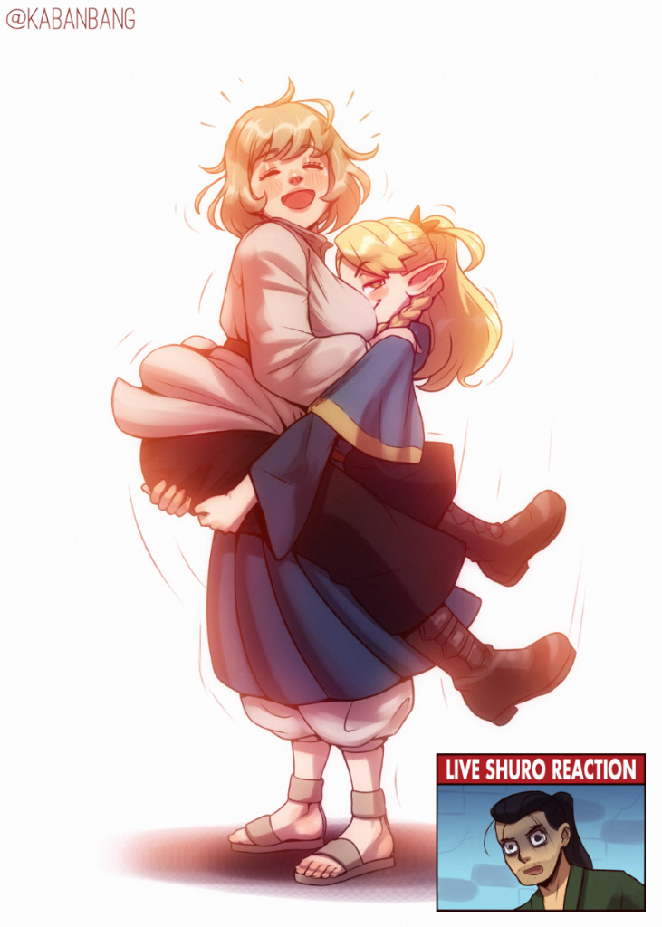 1boy, 2girls, artist_name, bang_dacy, black_hair, blonde_hair, boots, braid, breasts, closed_eyes, dungeon_meshi, elf, falin_thorden, large_breasts, lifting_person, light_brown_hair, long_hair, marcille, meme, multiple_girls, open_mouth, pointy_ears, ponytail, sandals, short_hair, shurou, smile, smug, toes, yuri