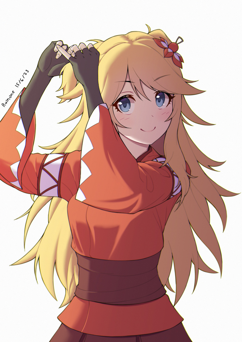 1girl, absurdres, arms_up, blonde_hair, blue_eyes, fingerless_gloves, flower, gloves, hair_flower, hair_ornament, highres, light_blush, long_hair, looking_to_the_side, ninon_(princess_connect!), princess_connect!, ruinone, short_twintails, smile, twintails, tying_hair, white_background