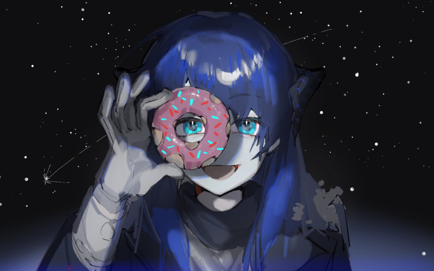 1girl, aqua_eyes, arknights, blue_hair, colored_skin, demon_horns, doughnut, fishdusking
