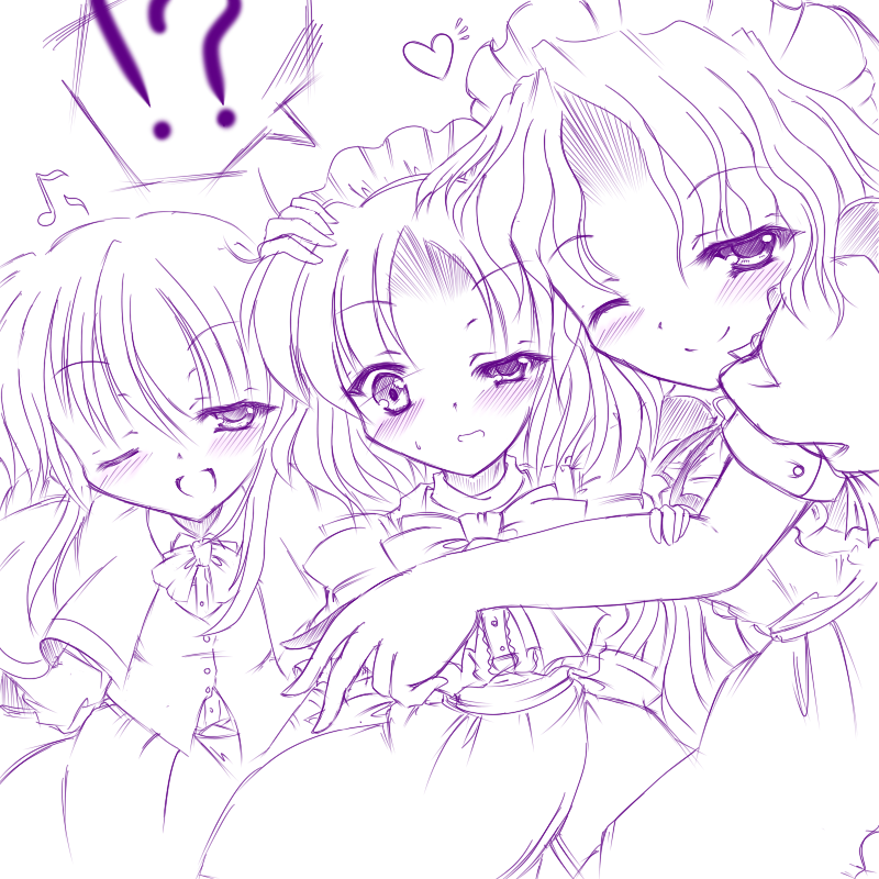 kana_anaberal, maid, monochrome, musical_note, okazaki_yumemi, open_mouth, purple, ribbon