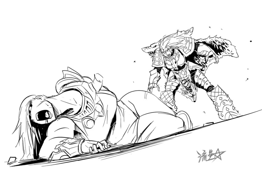 2girls, adeptus_astartes, armor, blood, blood_from_mouth, blood_on_face, boobplate, breastplate