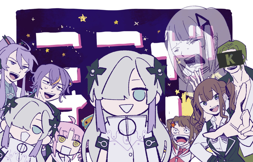 3boys, 6+girls, @_@, ahoge, asymmetrical_sleeves, bang_dream!, black_eyes, black_jacket, blank_stare, blazer, blonde_hair, blue_eyes, blunt_bangs, border, bow, bowtie, brown_hair, cevio, character_request, chestnut_mouth, clone, coat, collared_shirt, commentary_request, copyright_request, covered_eyes, diamond_hair_ornament, drill_hair, green_hair, grey_hair, hair_over_one_eye, half-closed_eyes, hand_on_own_hip, high_collar, highres, jacket, kafu_(cevio), kamitsubaki_studio, kamui_gakupo, kirune_(voisona), long_hair, looking_at_viewer, multicolored_hair, multiple_boys, multiple_girls, natsuki_karin, nervous_smile, no_pupils, o-ring, oda_eiichirou_(style), one_eye_covered, open_mouth, outside_border, pink_hair, pointing, pointing_at_viewer, ponytail, popy_(cevio), projected_inset, purple_background, purple_bow, purple_bowtie, purple_hair, sailor_collar, school_uniform, sekai_(cevio), shirt, short_hair, sidelocks, smile, starry_background, straight-on, streaked_hair, sweatdrop, synthesizer_v, tearing_up, text_background, toyama_kasumi, translation_request, tsuina-chan, twin_drills, twintails, uneven_sleeves, v-shaped_eyebrows, violet_eyes, vocaloid, voiceroid, voisona, white_border, white_coat, white_hair, white_sailor_collar, white_shirt, white_sleeves, wide-eyed, yazuken, yellow_eyes, zipper_pull_tab