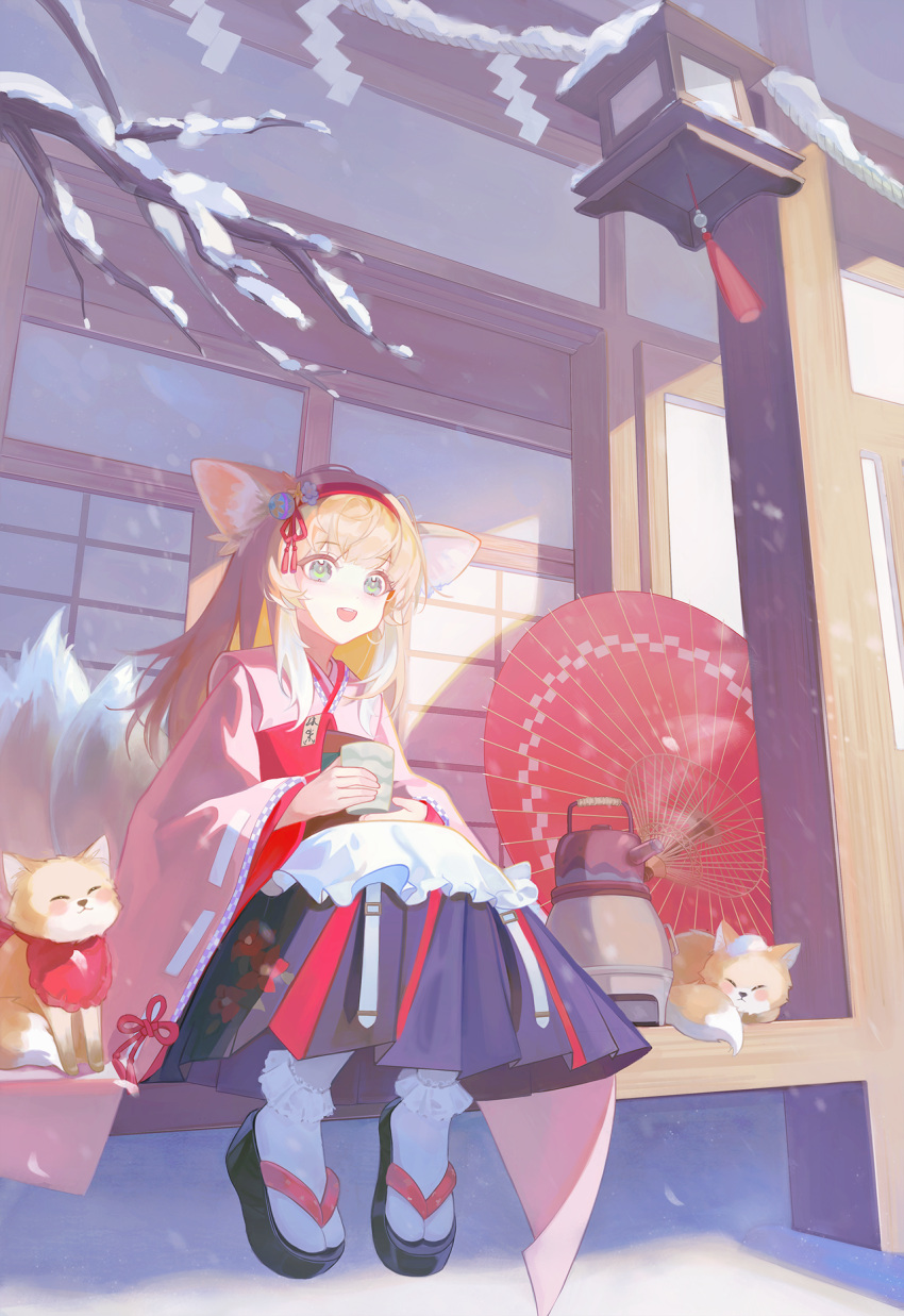 1girl, :d, animal_ear_fluff, animal_ears, apron, architecture, arknights, black_hakama