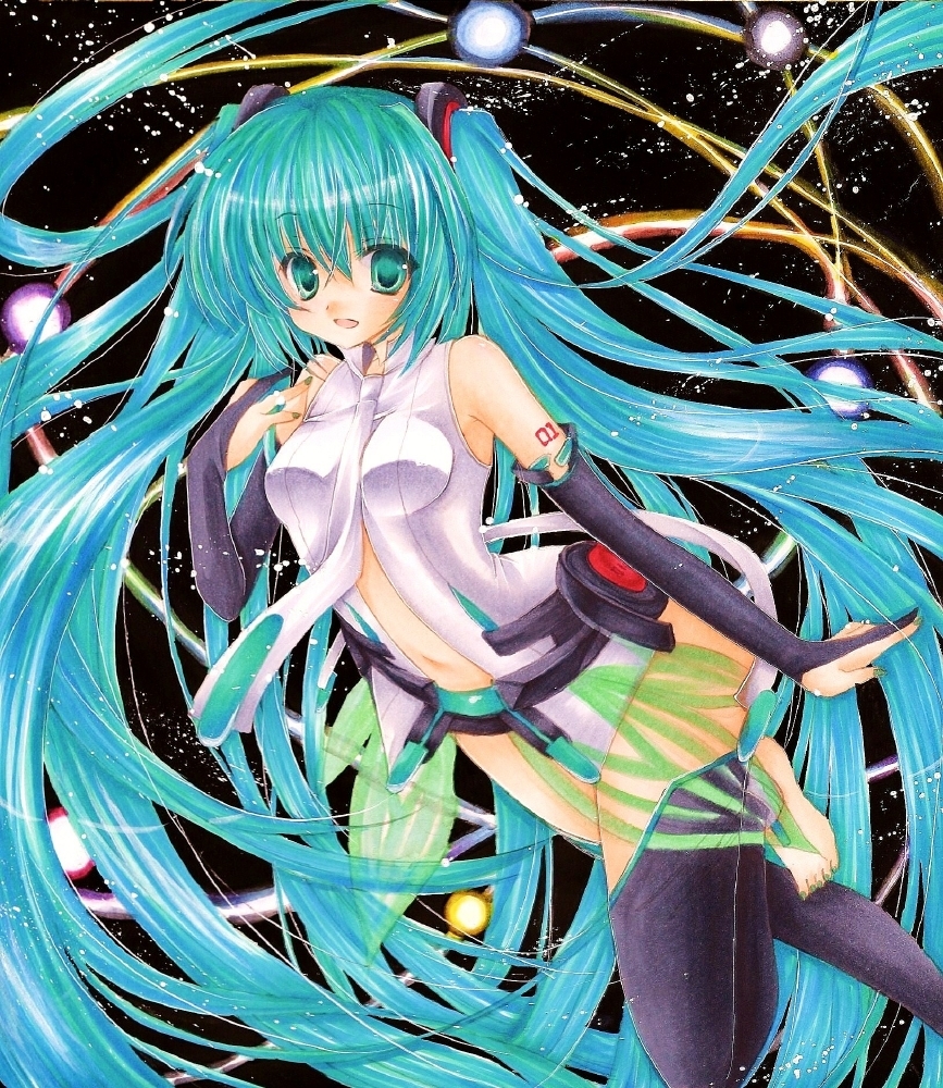 aqua_eyes, aqua_hair, barefoot, belt, bridal_gauntlets, elbow_gloves, fingerless_gloves, gloves
