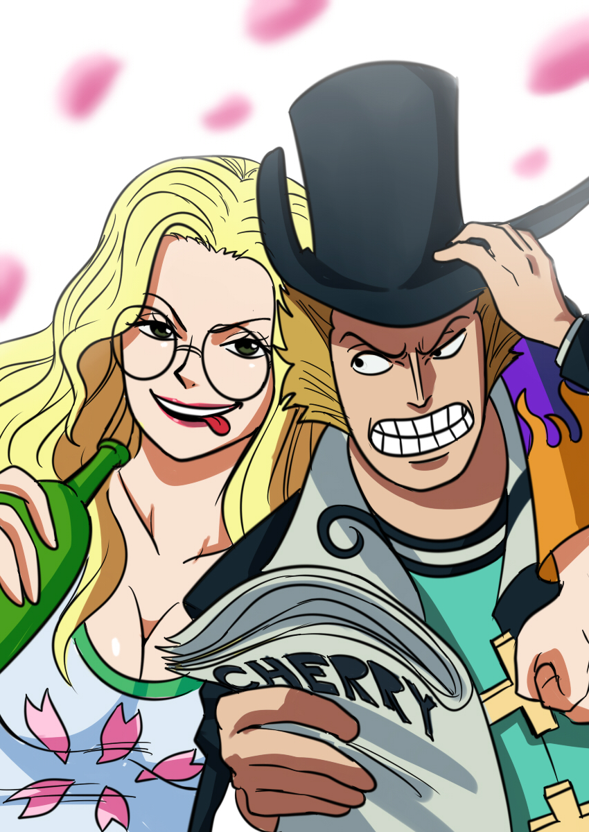 1boy, 1girl, aged_down, black_headwear, blonde_hair, bottle, brown_hair, dr._hiluluk, dr._kureha, glasses, hand_on_headwear, hat, highres, holding, holding_bottle, holding_paper, lipstick, long_hair, looking_at_another, looking_at_viewer, makeup, one_piece, open_mouth, paper, round_eyewear, short_hair, smile, teeth, tina_fate, tongue, tongue_out, top_hat
