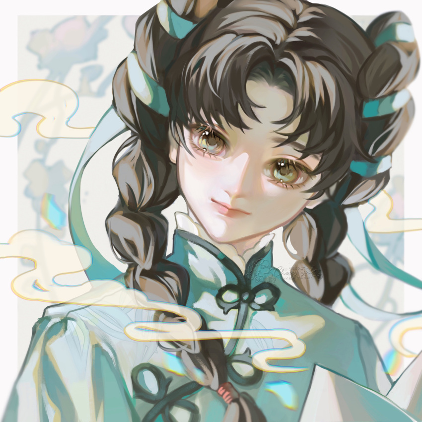1girl, absurdres, aqua_ribbon, beiqingluoshicaicai, black_hair, braid, chinese_clothes, green_eyes