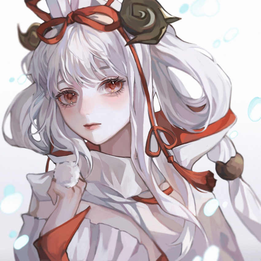 1girl, albino, beiqingluoshicaicai, gongsun_li, hair_ribbon, hair_rings, highres, long_hair