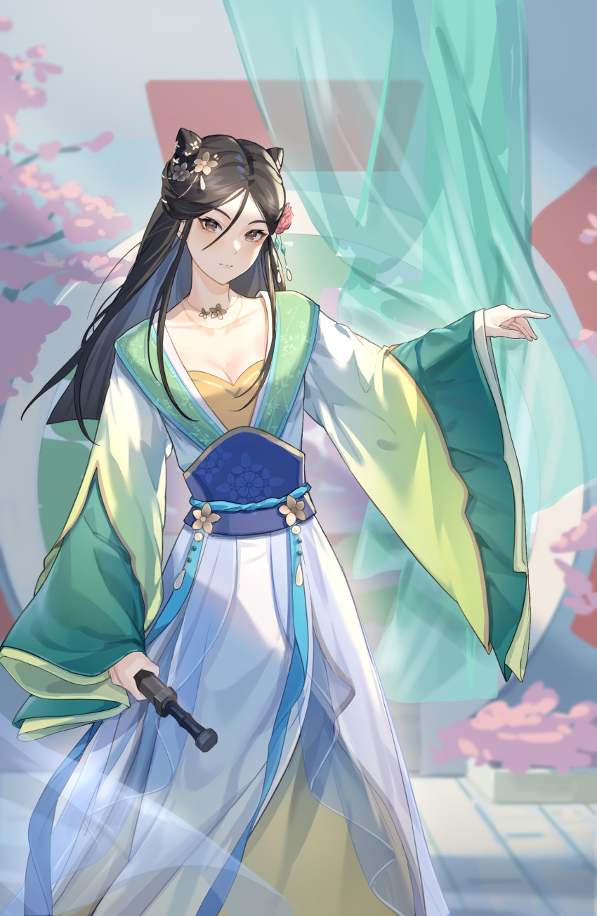 1girl, absurdres, alternate_costume, alternate_hairstyle, aqua_curtains, black_hair, blurry, blurry_background